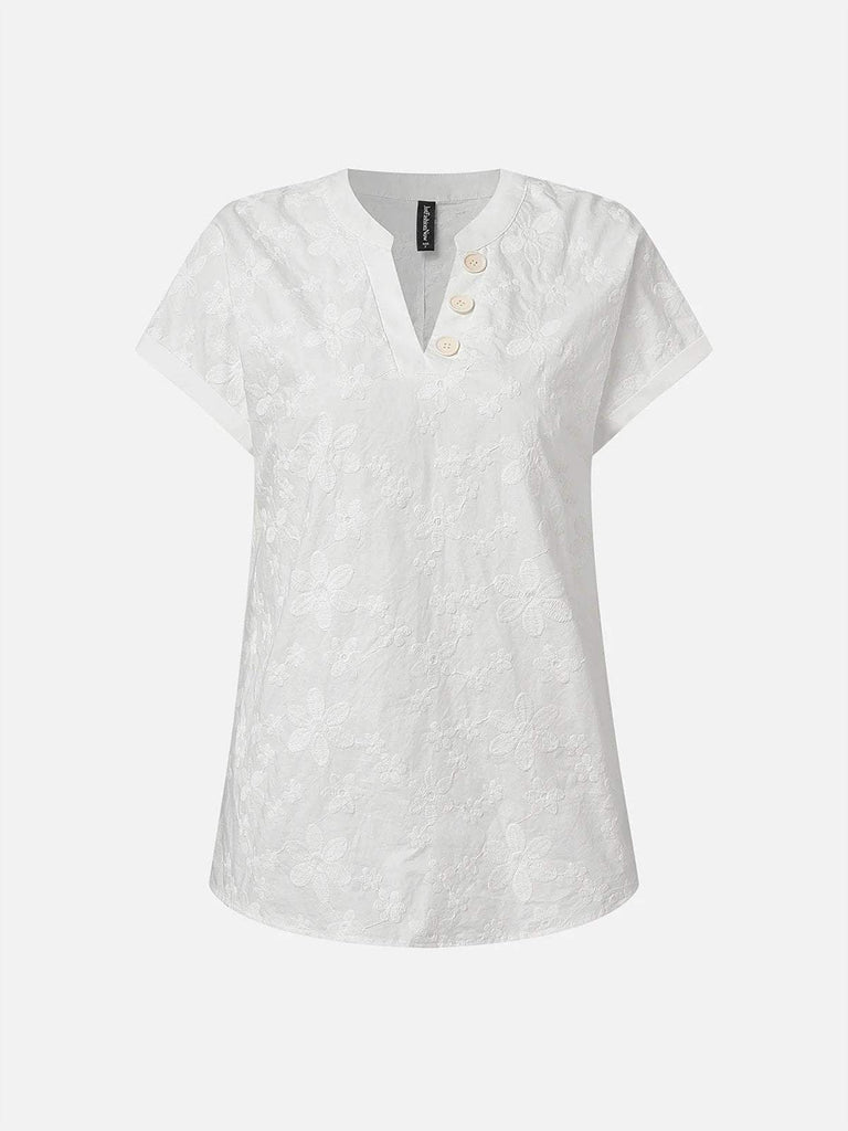 V Neck Embroidery Simple Cotton Plain Loose Blouse